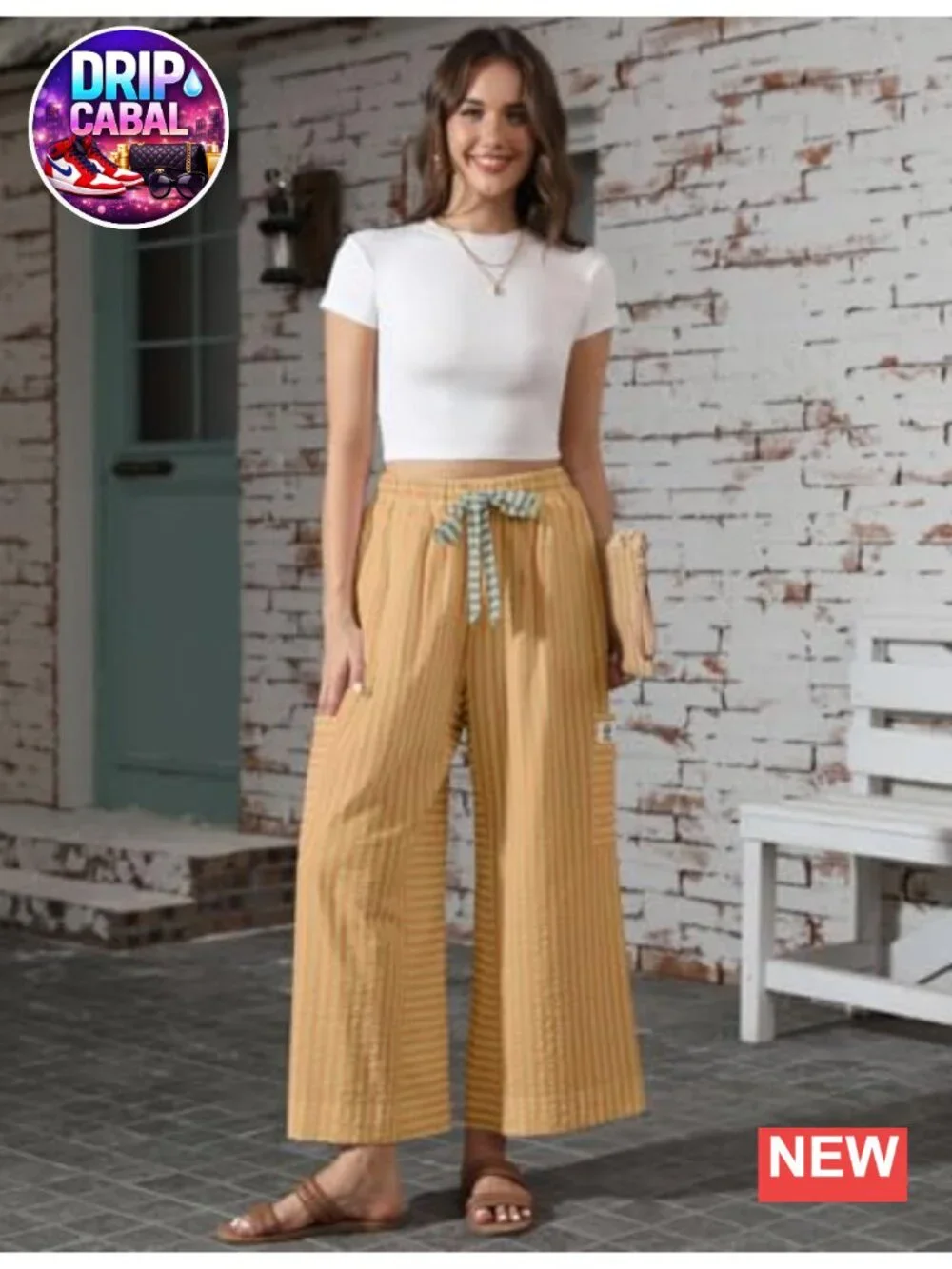 Cotton Blend Palazzo Pants for Women, Drawstring Elastic Waist, Striped Wide